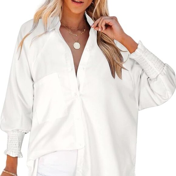 Women's XL Solid White Boyfriend Shirt, Button Down Blouse with Pocket, Cuffed L - Picture 1 of 3